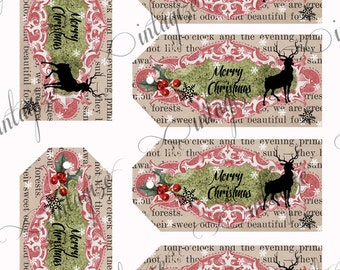Christmas Printable Gift Tags INSTANT DIGITAL DOWNLOAD Printable Vintage Rustic Victorian Christmas Gift Tags with Reindeer & Holly