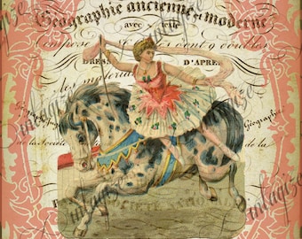 Original Print French Circus Girl on Trick Horse Ready for Framing, Quilt Making, Invitations, Etc  INSTANT DIGITAL DOWNLOAD