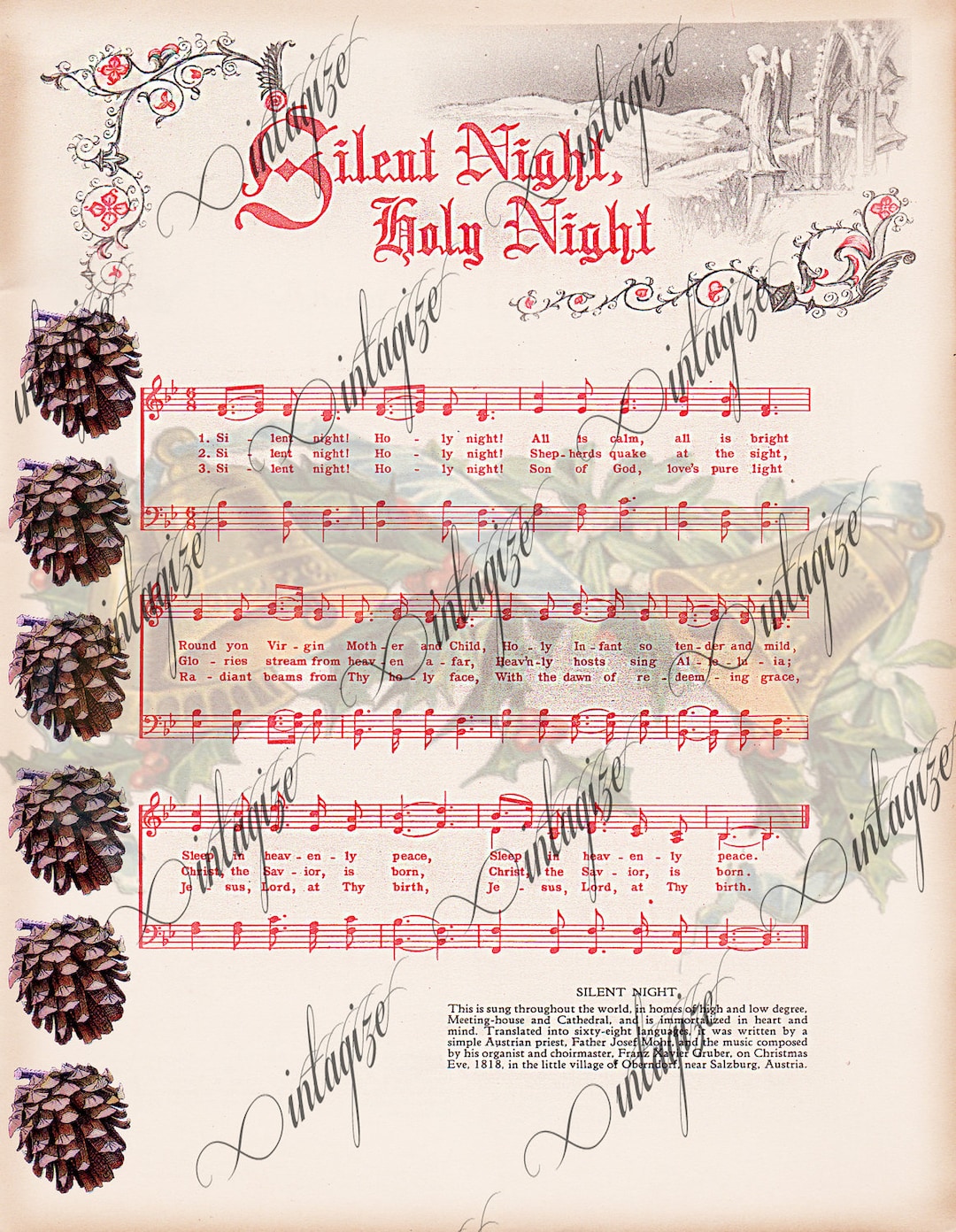 INSTANT DIGITAL DOWNLOAD Silent Night Printable Vintage Christmas Sheet Music for Cards, Tags ...