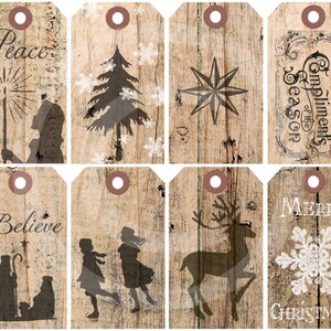 Stampabile Natale vacanza regalo Tag digitale rustico paese fienile legno naturale, stile classico Silouhette originale Collage foglio scaricare