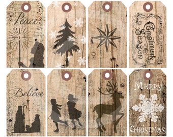 Printable Christmas Holiday Gift Tags Digital Rustic Country Natural Barn Wood, Classic Silouhette style  Original Collage Sheet DOWNLOAD