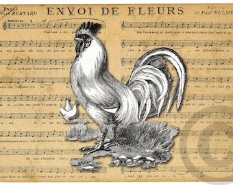 Rooster Printable French Hen Sheet Music Print INSTANT DIGITAL DOWNLOAD for Cards, Fabric Transfer, etc.