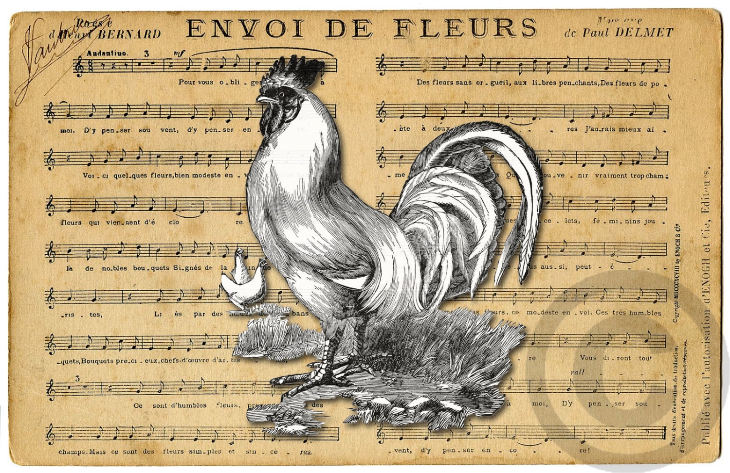 Rooster Printable French Hen Sheet Music Print INSTANT DIGITAL Etsy