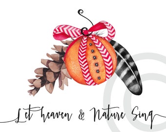 Christmas Digital Printable Traditional Nature Watercolor Print for Cards, Framing, Tags Christian Winter Download with Clove Orange