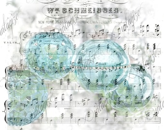 Printable Shabby Chic Christmas Ornaments on Vintage Sheet Music  Art Print for Cards, Framing, Tags    Original Instant Digital Download