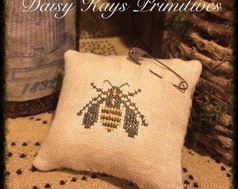 FULLY FINISHED | Primitive Summer Pillow Tuck | Farmhouse Decor | Pin Keep | Primitive Stitchery | Bee | Cross Stitch | Rusty Pin