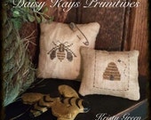 Primitive Bee Pillow Tuck Set | Bee Skep Hive | Bowl Fillers | Farmhouse | Prim Decor | Completed Cross Stitch | Summer Sunflower Decoration