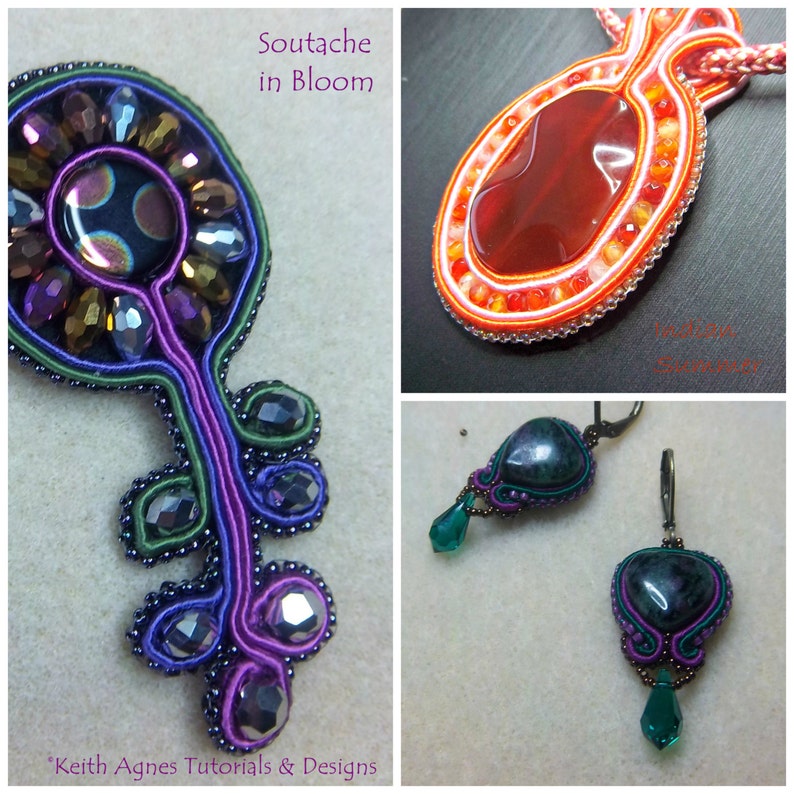 May include: A collage of handmade jewelry pieces. One piece is a pendant with a large, oval, red-brown stone. Another is a teardrop-shaped earring with a dark green stone and a green bead. The third is a soutache pendant with purple, green, and black accents. Text: Soutache in Bloom.