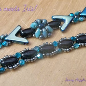 May include: Detailed shot of beaded jewellery featuring black and teal beads. The design incorporates arrow-shaped components and a floral arrangement. The text "Ava meets Iris!" and "Jenny Argyle, 2018" are present.