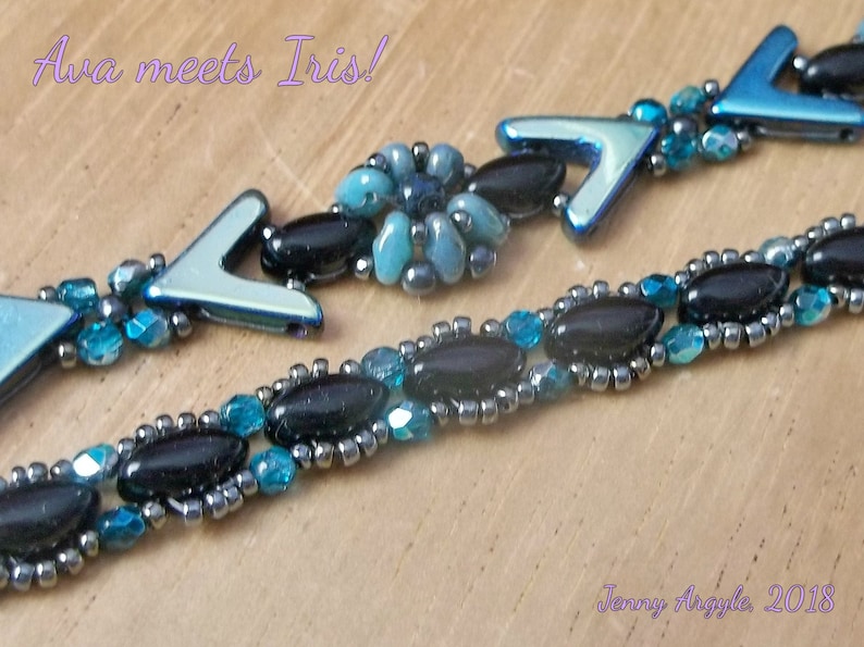 Pode incluir: Close-up de joias de contas com contas pretas e verde-azuladas. O design inclui elementos em forma de seta e um agrupamento floral. O texto "Ava meets Iris!" e "Jenny Argyle, 2018" s&atilde;o vis&iacute;veis.