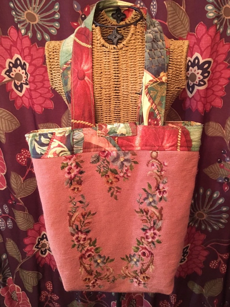 Carpet Bag with Vintage Needlepoint Pink Mauve Floral Sew Bee Mine One of a Kind Wearable Art Vintage Style