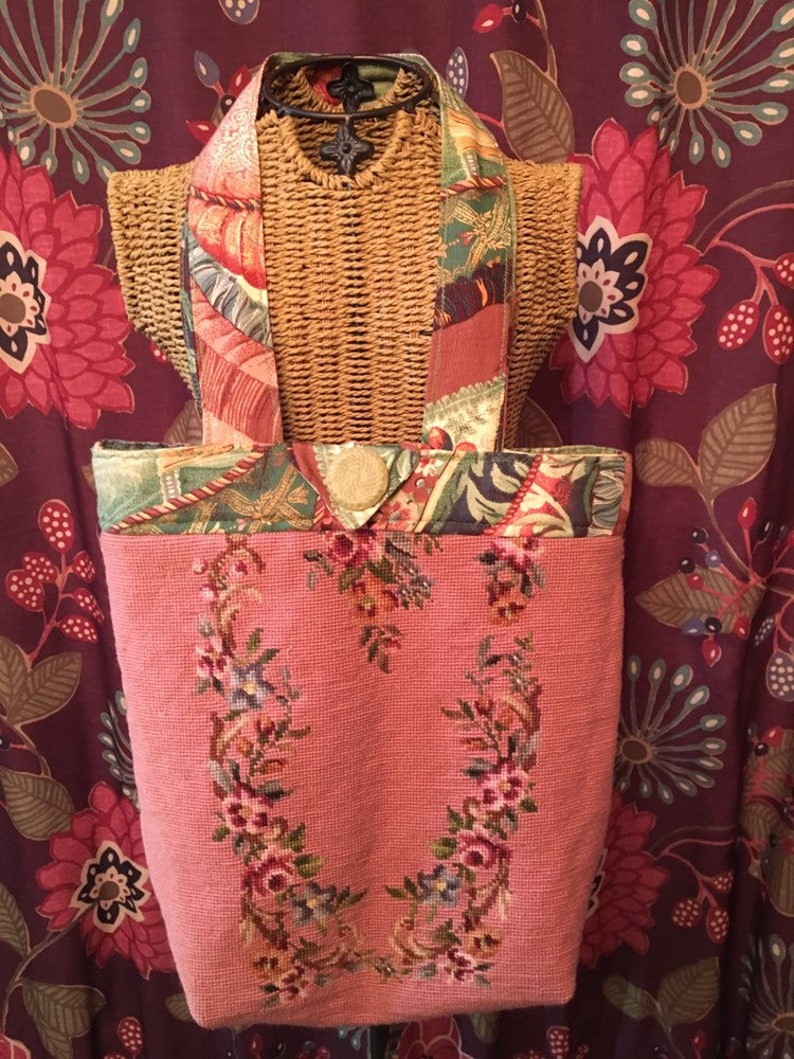 Carpet Bag with Vintage Needlepoint Pink Mauve Floral Sew Bee Mine One of a Kind Wearable Art Vintage Style