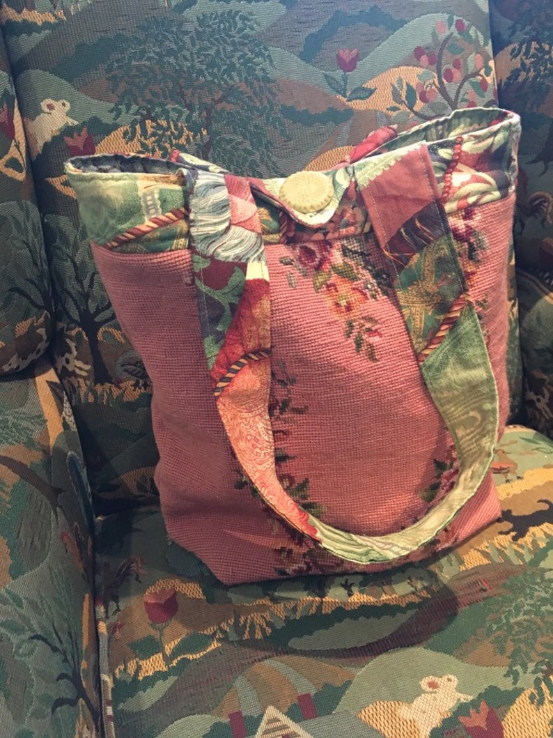 Carpet Bag with Vintage Needlepoint Pink Mauve Floral Sew Bee Mine One of a Kind Wearable Art Vintage Style