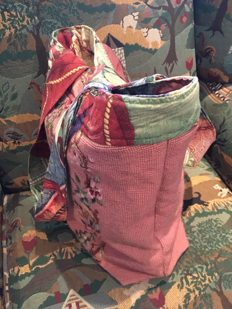 Carpet Bag with Vintage Needlepoint Pink Mauve Floral Sew Bee Mine One of a Kind Wearable Art Vintage Style