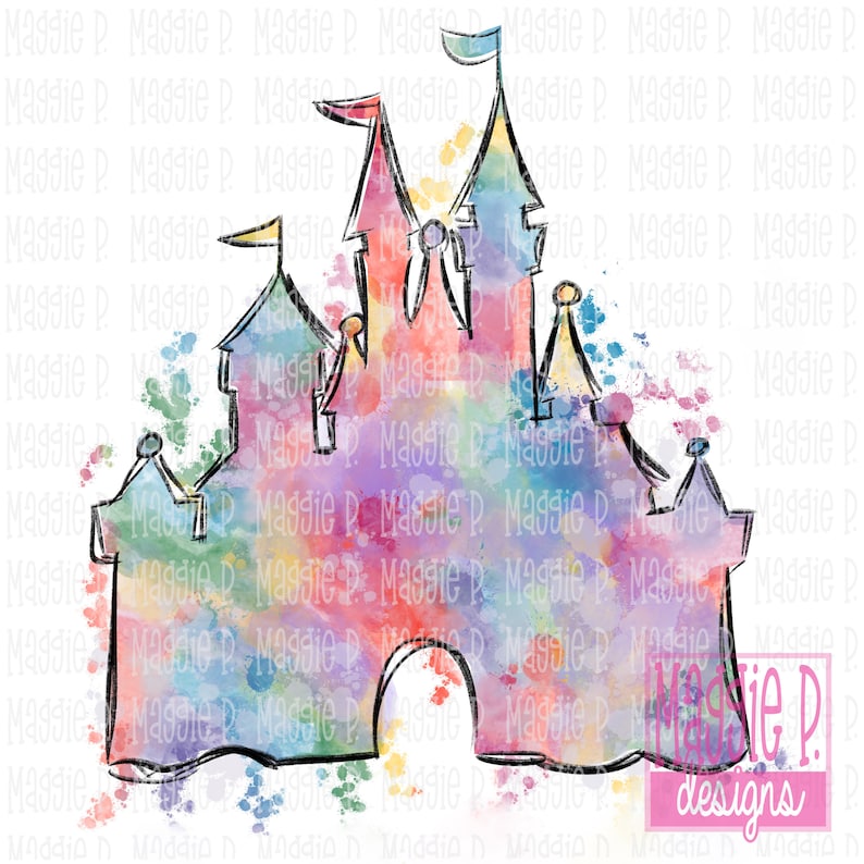 May include: A watercolor illustration of a fairytale castle with a rainbow of colors. The castle is outlined in black and has a whimsical, cartoon-like style.