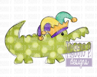 Watercolor PNG Mardi Gras Alligator