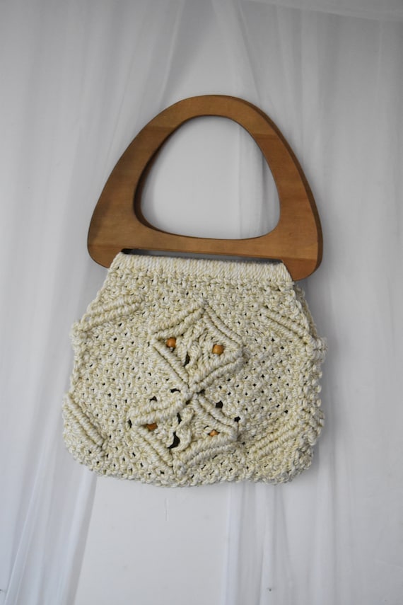 Vintage Macrame Hand-Made Wood Handle Purse