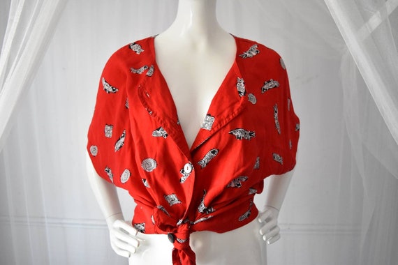 1990s Vintage Mid Century-Inspired Red Button Up Abstract Graphic Blouse