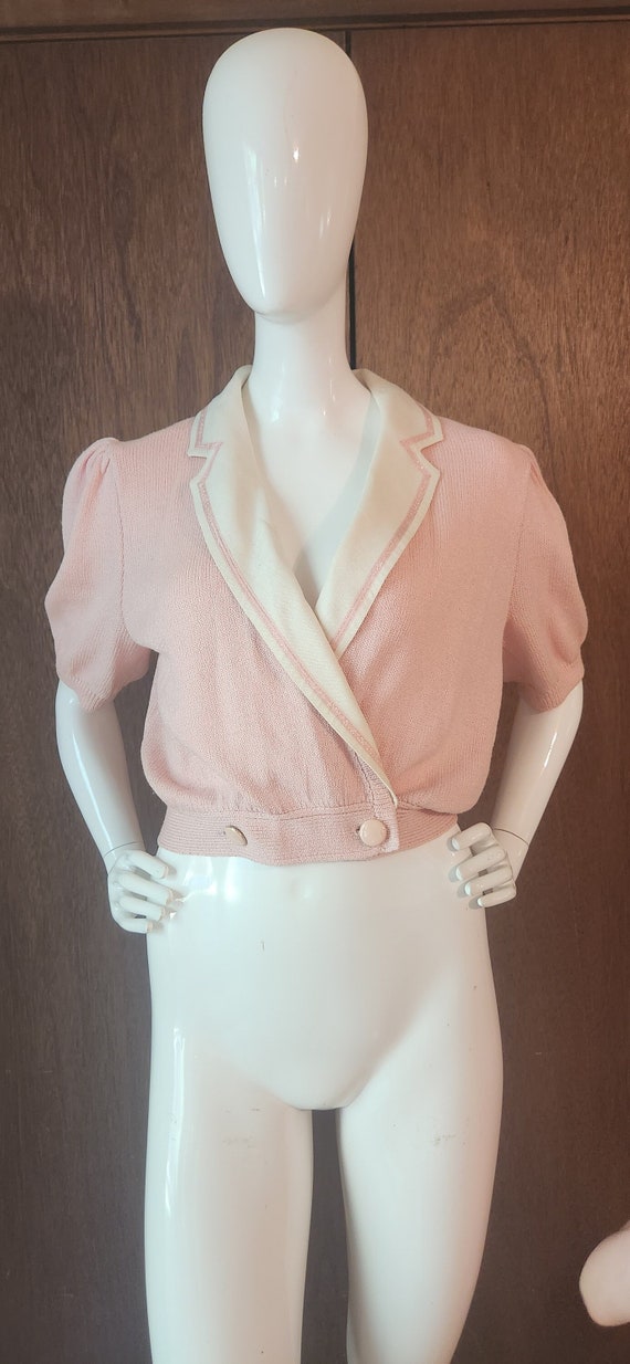 1980s Pastel Pink Crop Collared Sweater - Saks Fif