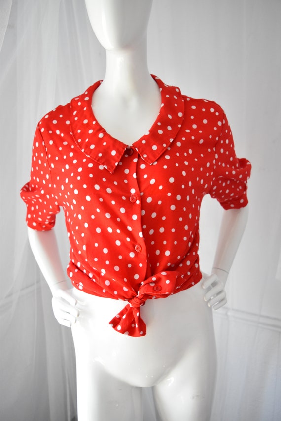 Vintage Red With White Polka Dots Button Up Blouse