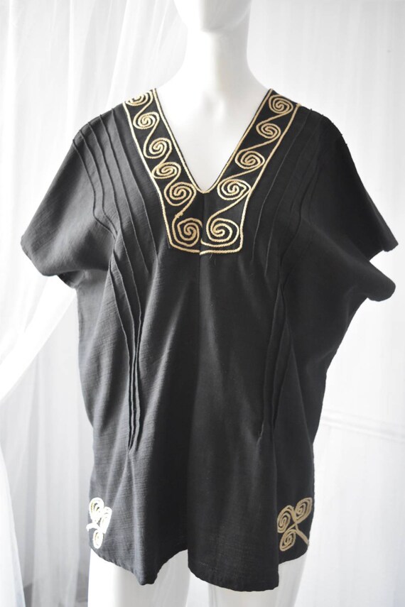 Vintage Black Cotton Embroidered Kaftan Dashiki - image 3