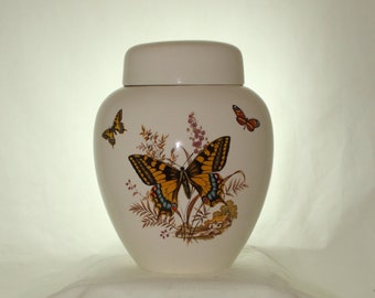 Yellow Butterfly Cremation Urn, Large Ceramic Jar with Lid, Adult Cremdation Urn, Art Pottery, handmade