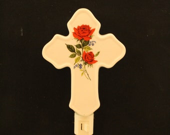 Red Roses Porcelain Cross Night Light, Remembrance Gift