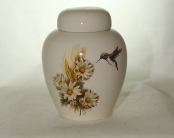 Handmade Ceramic Cremation Urn with Daisy and Hummingbird, Small Pet or Baby Urn