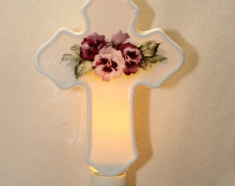 Pansy Memorial Cross Night Light, Porcelain Remembrance Gift