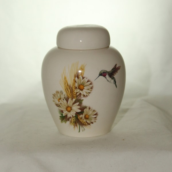 Tiny Cremation Urn with Daisy and Hummingbird, Jar with lid, Baby or Infant Urn, Cat or Small Pet Urn, art pottery, handmade