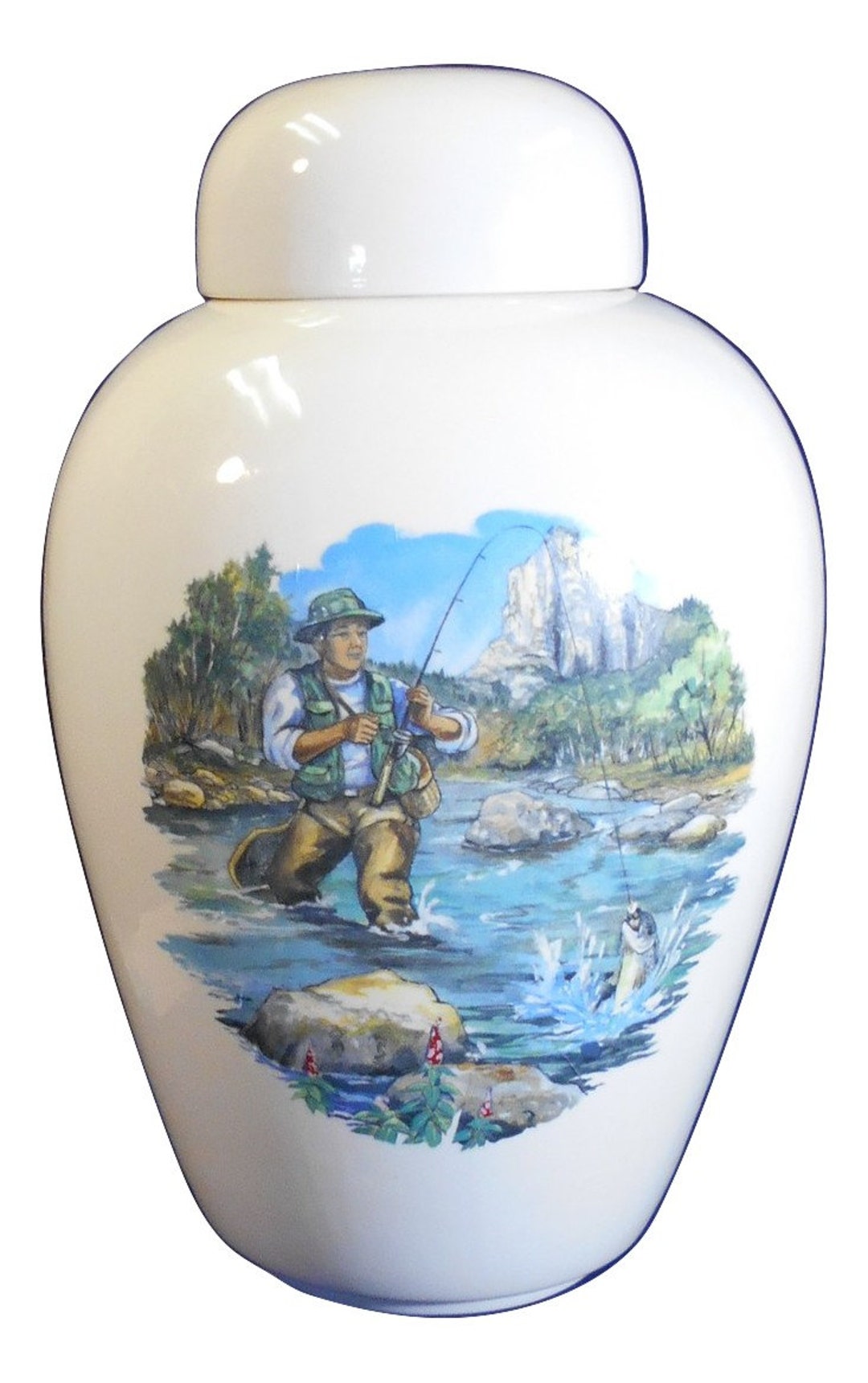 Fisherman Adult Cremation Urn, Ceramic Jar With Lid,urn for Ashes
