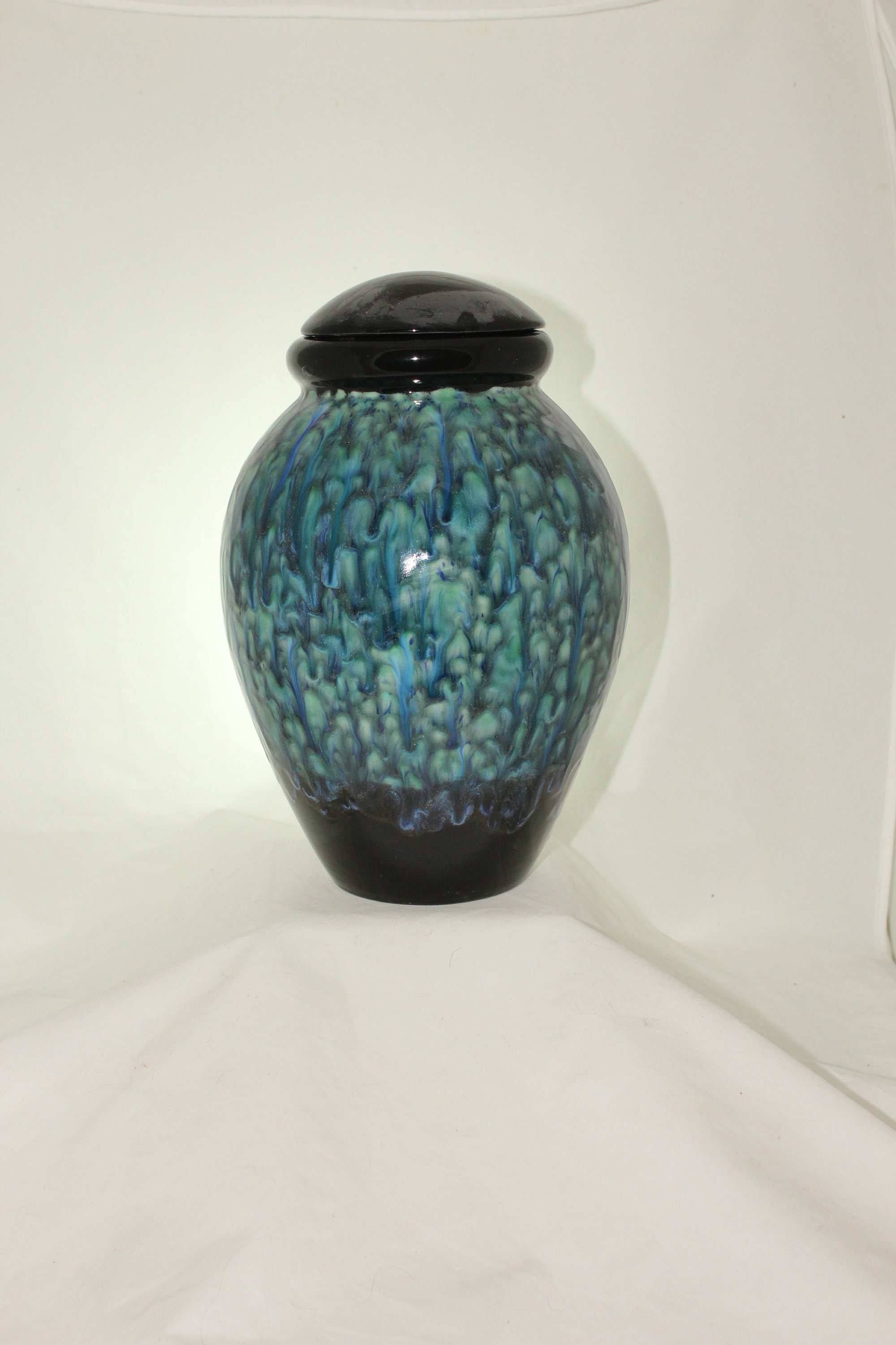 Extra Large Cremation Urn for Human Ashes, Large Ceramic Jar with Lid done in peacock colored