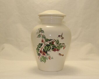 Hummingbird & Fushia Ceramic Jar with Lid Adult Cremation Urn, Large Ashes Urn, Large Pet Urn, Youth Urn, Art Pottery, Handmade Funeral Urn