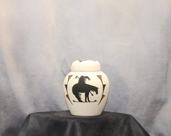 Hand Painted End of the Trail Design small cremation urn, art pottery handmade urn