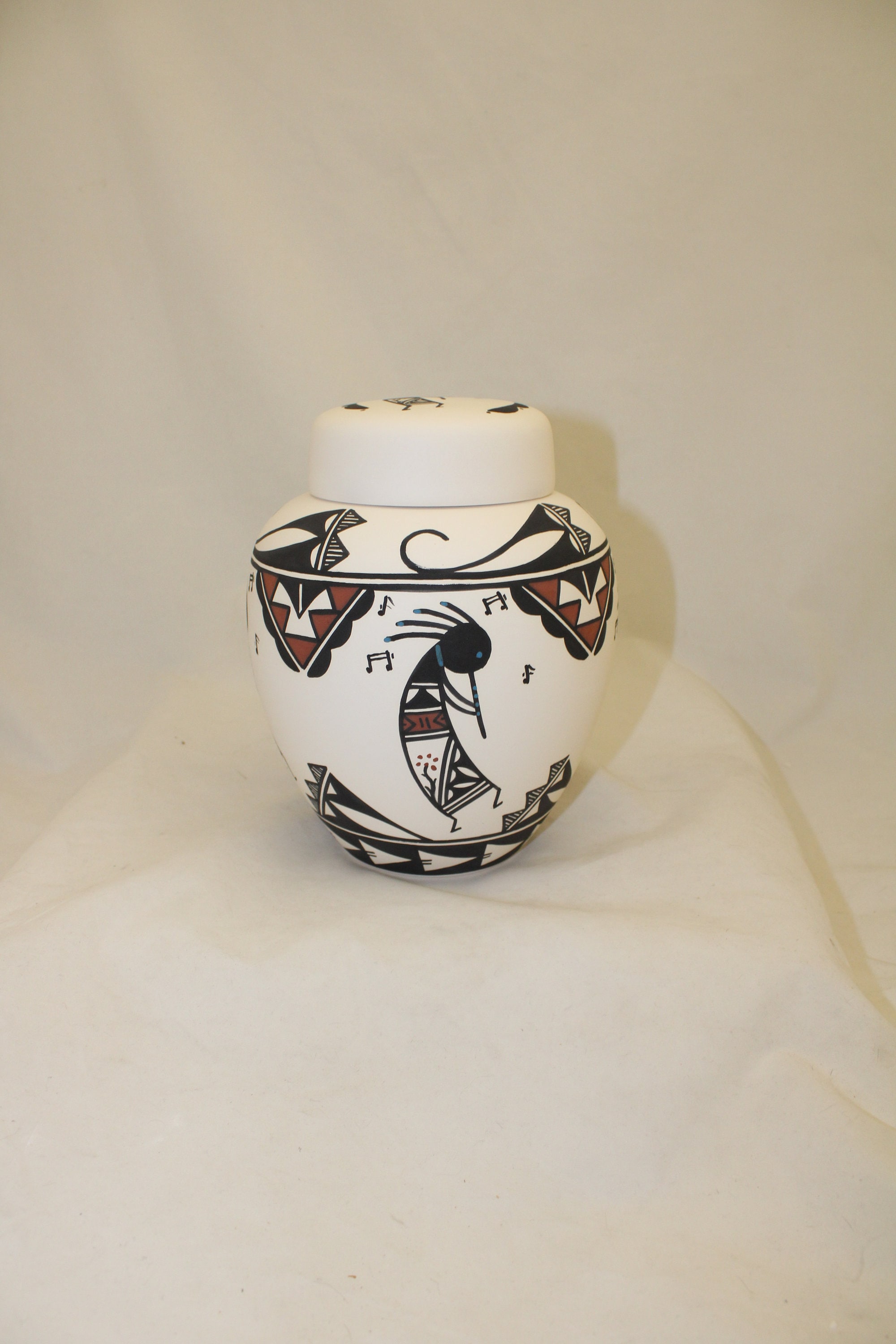 Native American Ceramic Jar with Lid, Adult Cremation Urn, hand painted