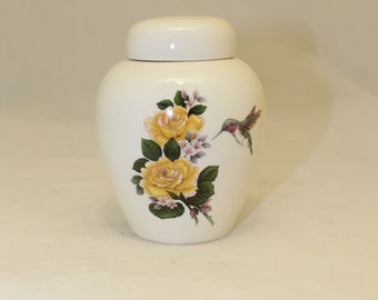 Tiny Ceramic Cremation Urn: Yellow Rose & Hummingbird, Keepsake Pet Urn