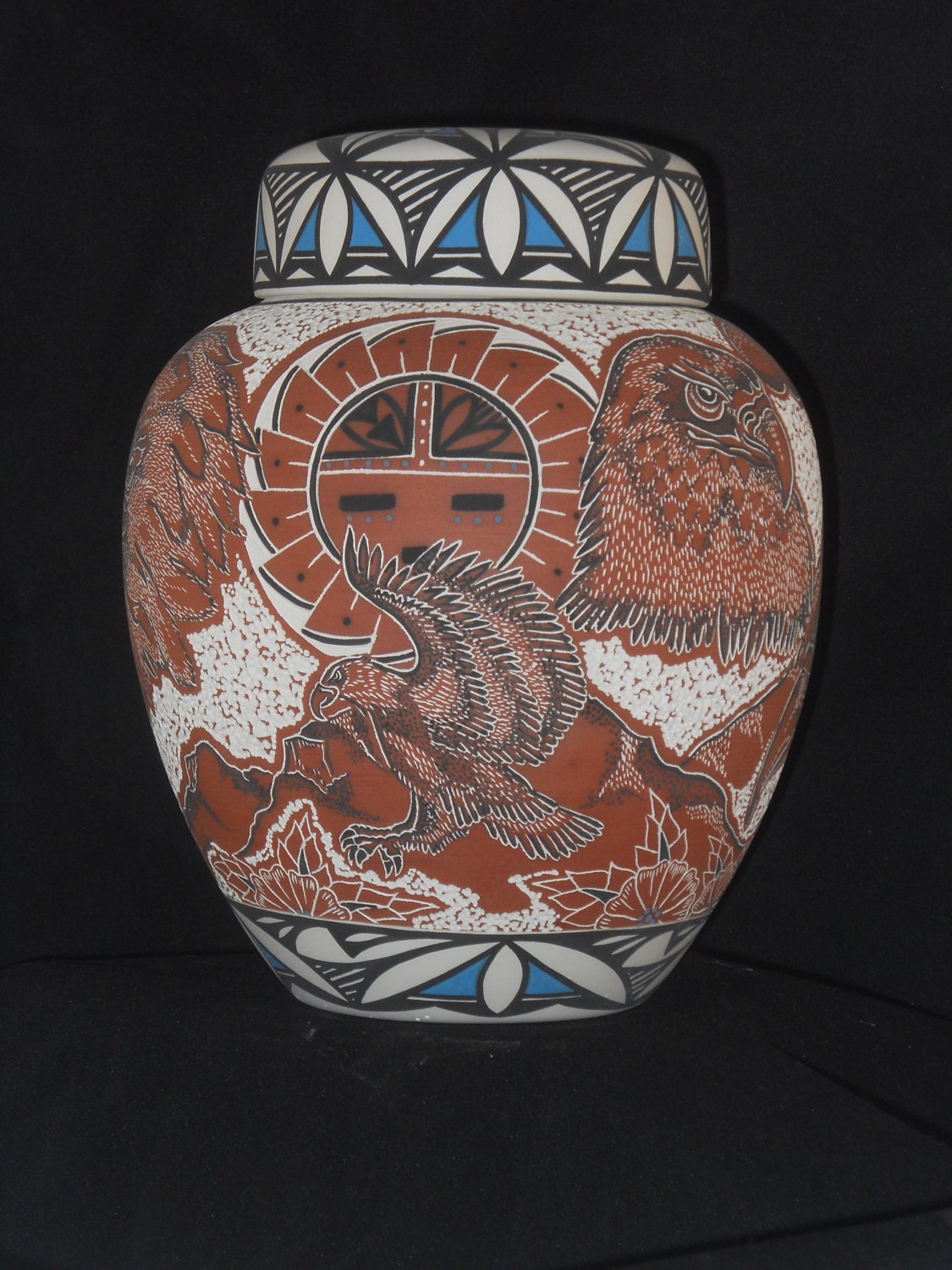 Native American Hand carved Eagles on Ceramic Jar with Lid,Adult