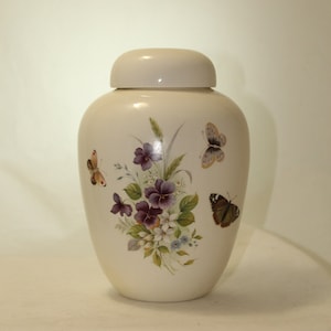 Butterflies and Pansy on Medium Cremation Urn for Ashes, Medium Jar with Lid, Pet Urn, Handmade Ashes Urn