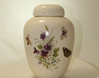 Butterflies and Pansy on Medium Cremation Urn for Ashes, Medium Jar with Lid, Pet Urn, Handmade Ashes Urn