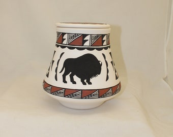 Native American buffalo design adult cremation urn, Ceramic jar with lid for human ashes, art pottery