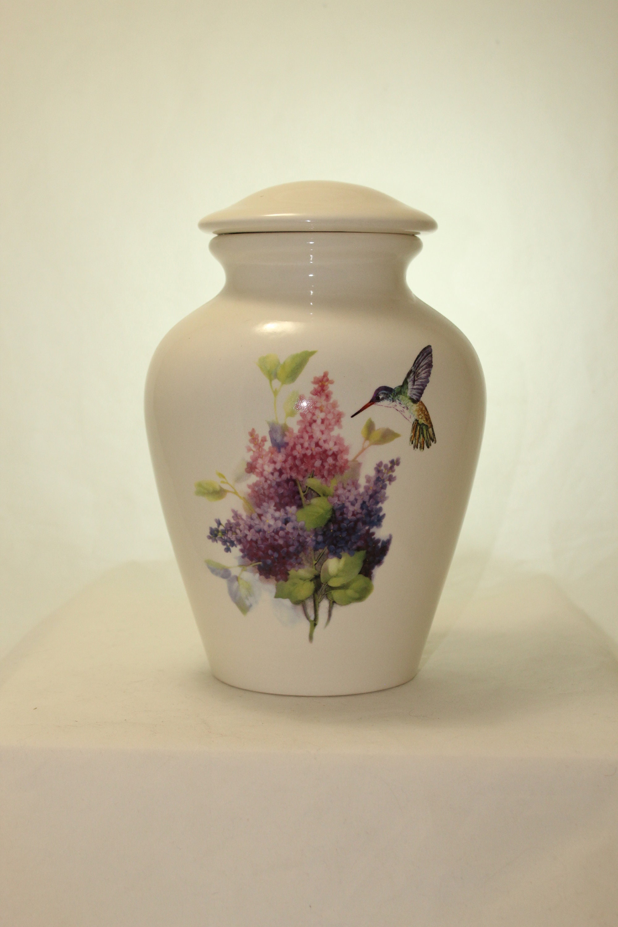 Purple and Pink Lilacs with Hummingbird Ceramic Jar with Lid, Large Cremation Urn, Funeral Urn