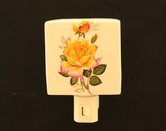 Yellow Peace Rose Porcelain Night Light, Wall Plug-In