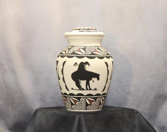 End of Trail Design Native American Large Cremation Urn, hand painted pottery