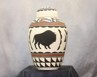 Buffalo Native American Adult Cremation Urn for human ashes, Large jar with lid traditional design art pottery