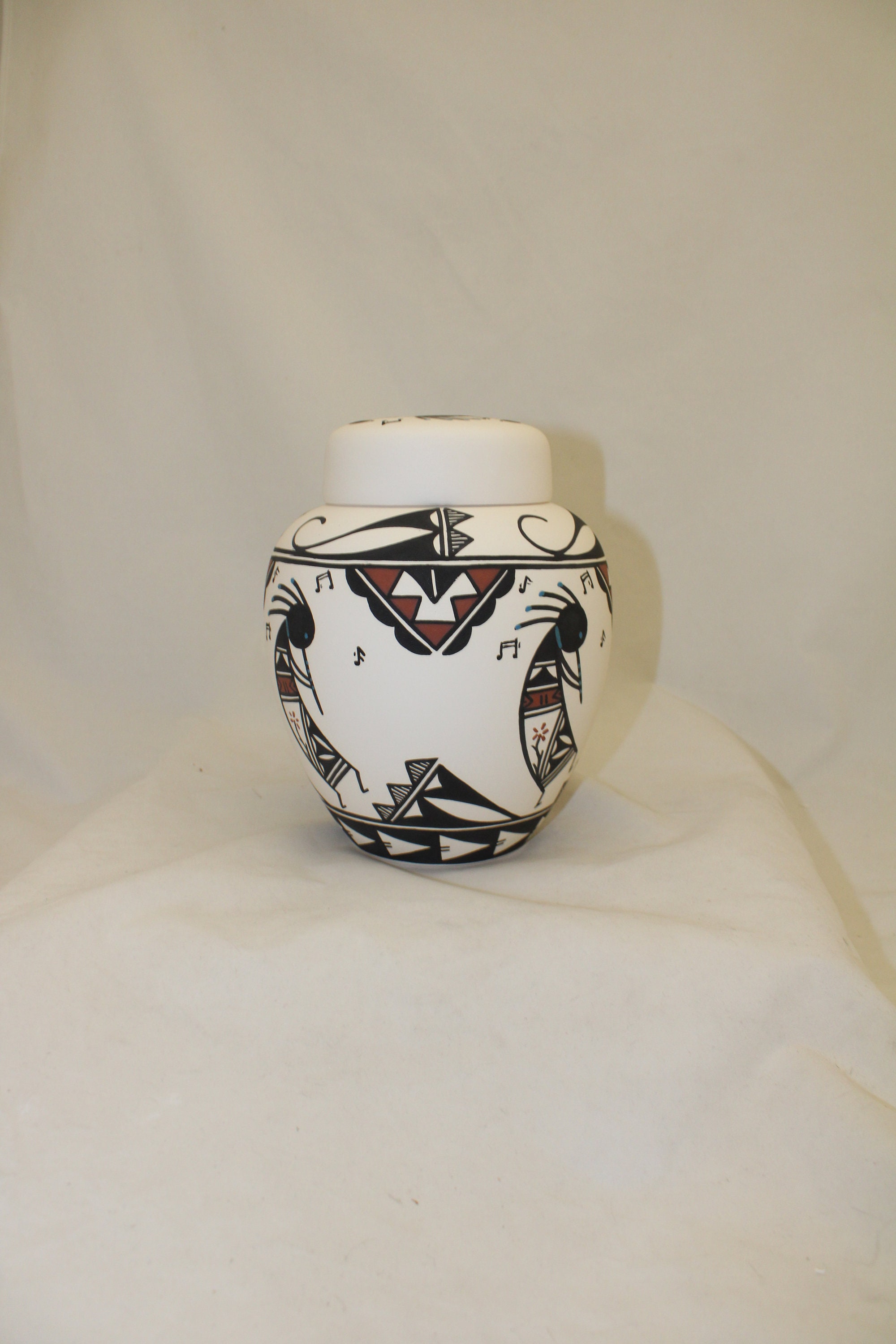 Native American Ceramic Jar with Lid, Adult Cremation Urn, hand painted