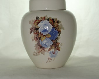 Cremation Urn Blue Roses Ceramic Jar with Lid, Large Ceramic Urn for Human Ashes, Adult Urn. Large Ginger Jar Urn, Art Pottery, Handmade Urn