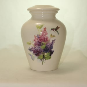 Lilacs and Hummingbird Cremation Urn, Jar with lid, Small Urn, Baby Urn, Infant Urn, Pet Urn, Kitten urn. art pottery, handmade