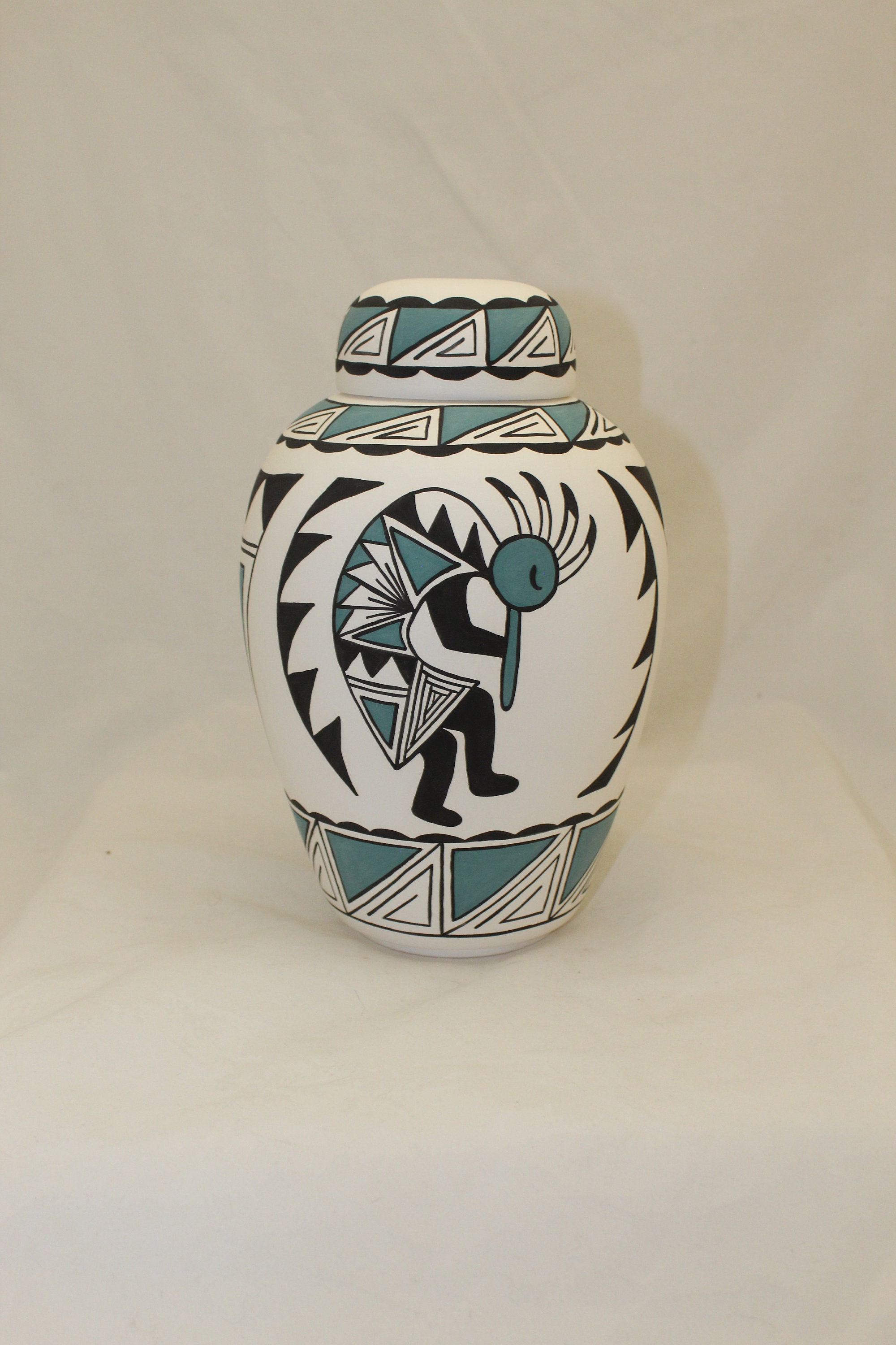 Native American Kokopelli Urn Ceramic Jar with Lid, Adult Cremation Urn