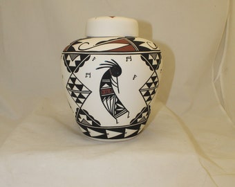 Native American Extra Large Urn for Human Ashes, Flute Player Jar with Lid, Kokopelli Hand Made Pottery Funeral Urn