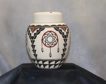 Handmade Native American Dream Catcher Ceramic Urn, Art Pottery
